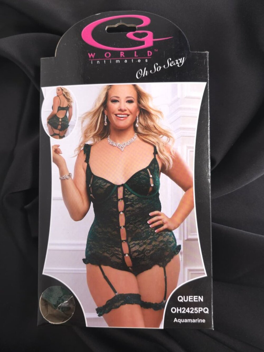 G World Intimates Aquamarine Lace Peek-a-Boo Teddy Garters Queen Size